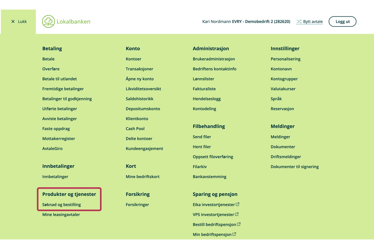 Skjermbilde av at du finner "Søknad og bestilling" under Produkter og tjenester i menyen