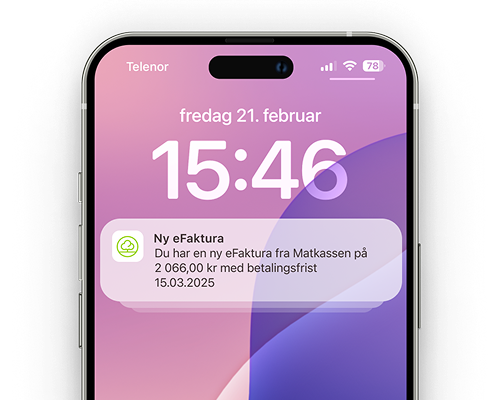 Mobilskjerm med en pushvarsling fra en bankapp, som informerer om en ny faktura eller betalingshendelse.