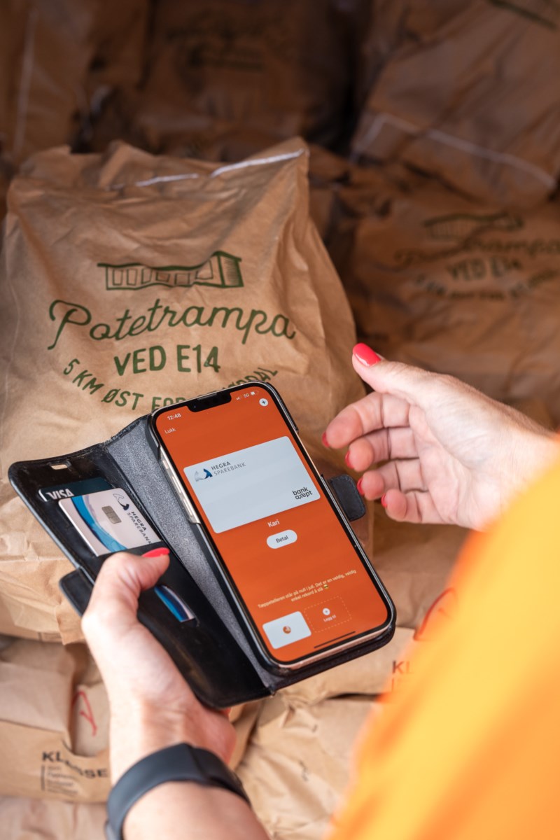 En telefonskjerm som viser Vipps med potetsekker bak hvor det står "potetrampa ved e14"