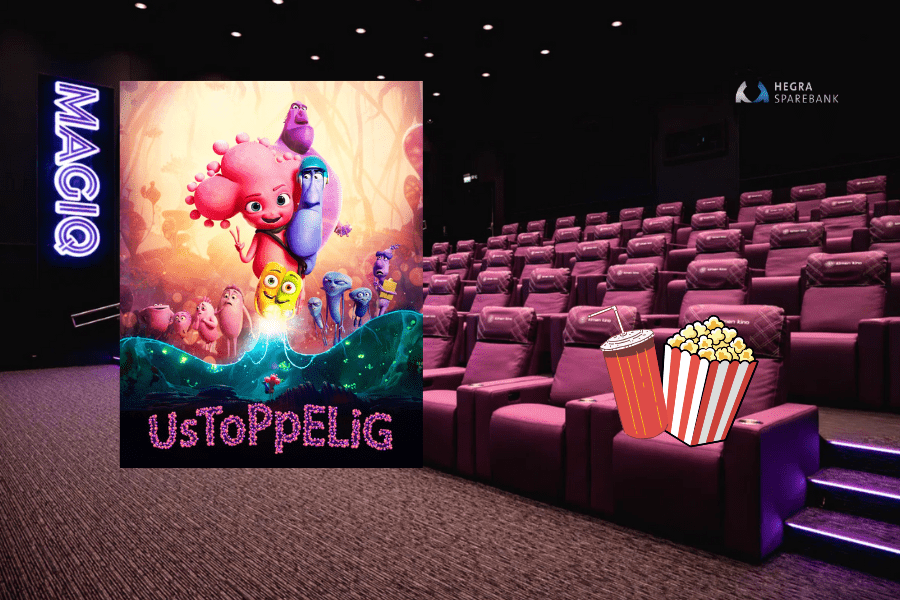 Kimen Kino ustoppelig plakat og hegra sparebank logo i hjørnet