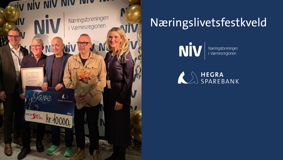 et banner av Næringslivetsfestkveld og hegra sparebank på nivs festkveld pris for beste kundeservice