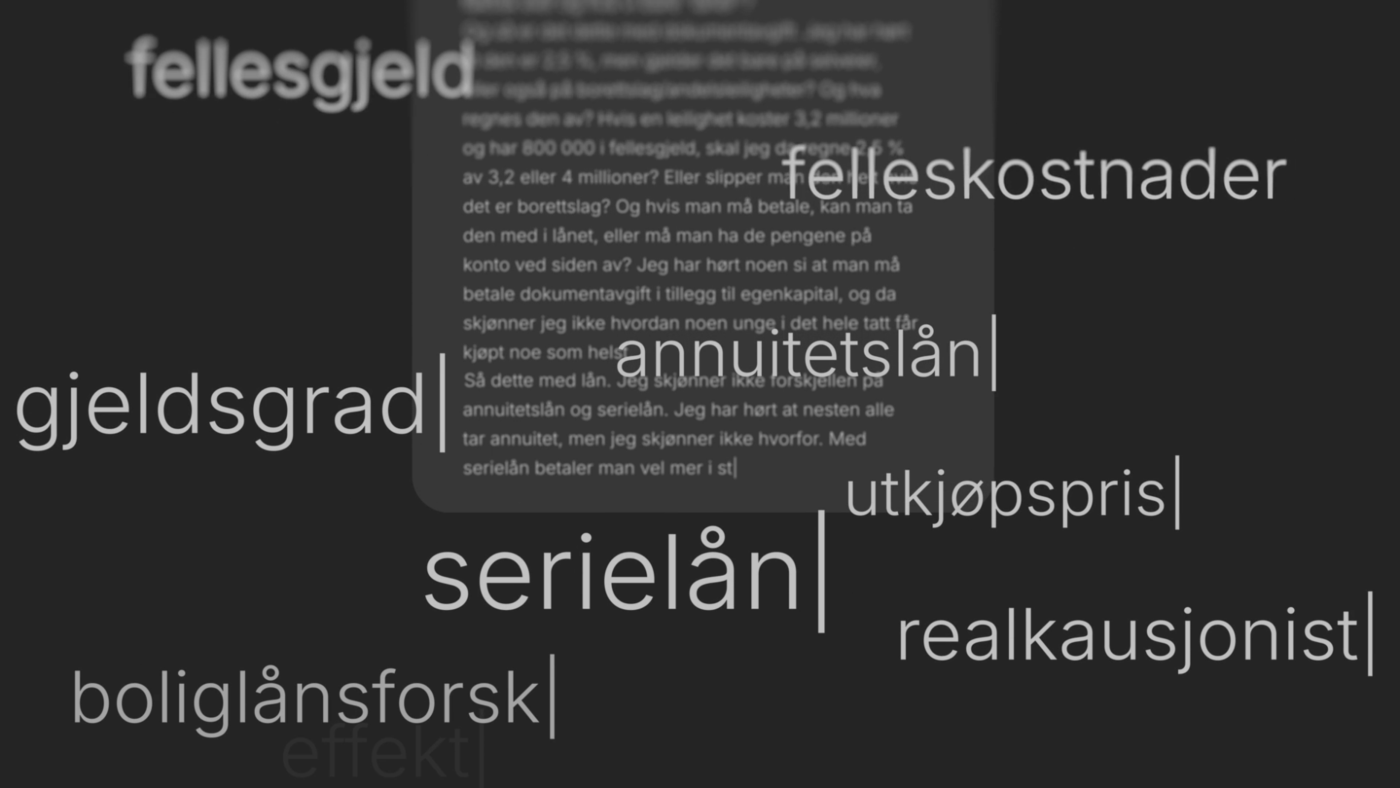 Bilde av en illustrasjon fra KI / AI hvor en person spør om mange ting, som ofte usikkre førstegangskjøpere gjør. Fremmedord er fremhevet på skjermen.